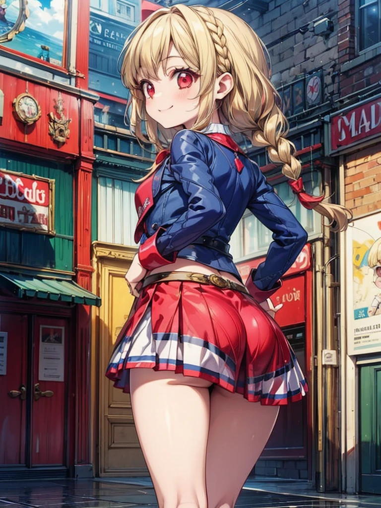 there is a cartoon female in white standing with her hip sticking out, 1girl, solo, braid, twin braids, Blonde hair, ass, RED eyes, long hair, blush, smile