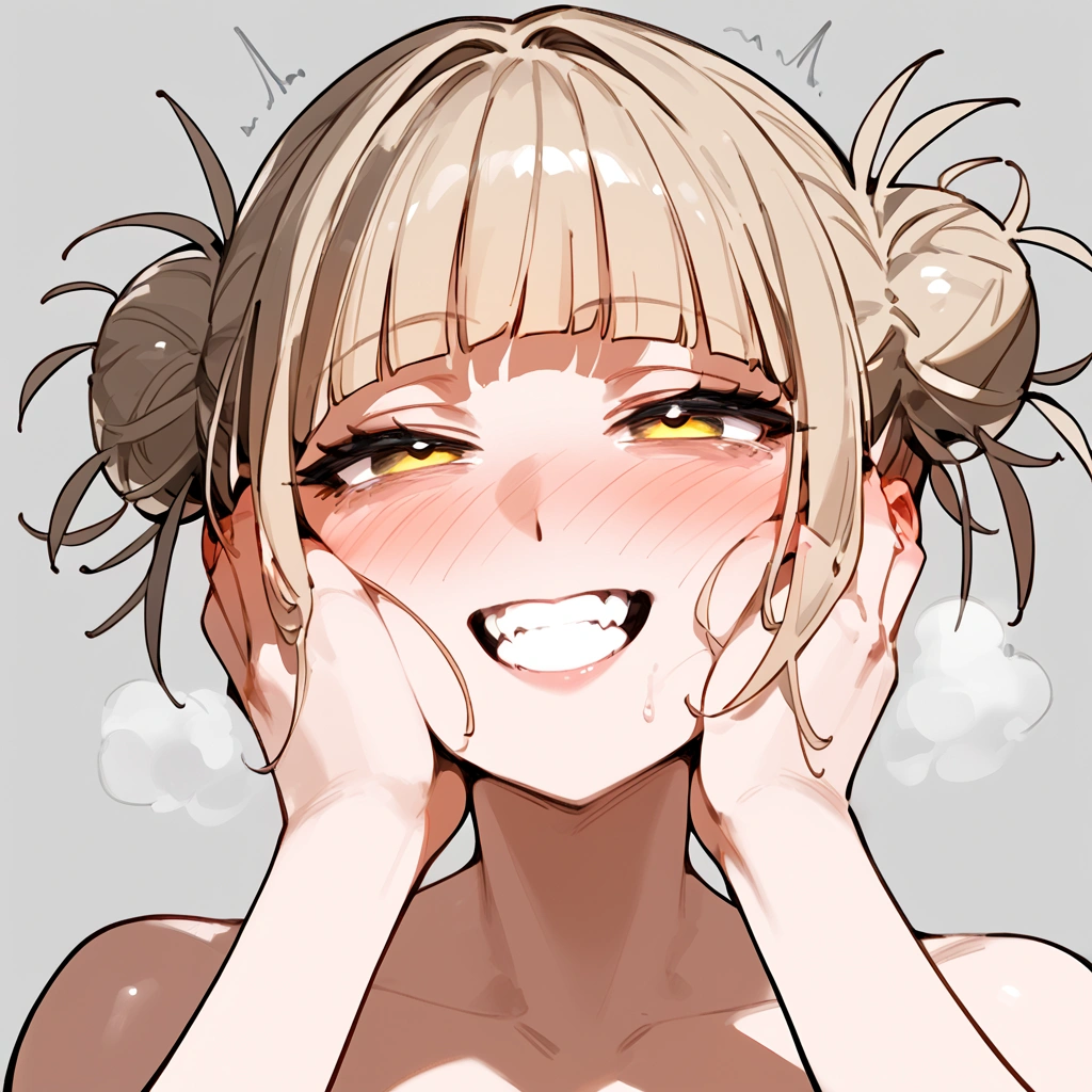 anime artwork, score_9, score_8_up, score_7_up, score_6_up, score_5_up, score_4_up, floox style    //////Himiko toga, big breasts, she is 24 years old, style_3, , , , naked,, yellow eyes, solo, nude,, smile, ,   grey background, simple background , , ,hands on face, AMAZING!, ahegao, , , full-face blush,,  , steam, deep breath, , , steaming body,  face close-up, she get creampied, a little bit below view, rolling eyes, big tits, detailed face,  head up, clenched teeth, motion lines