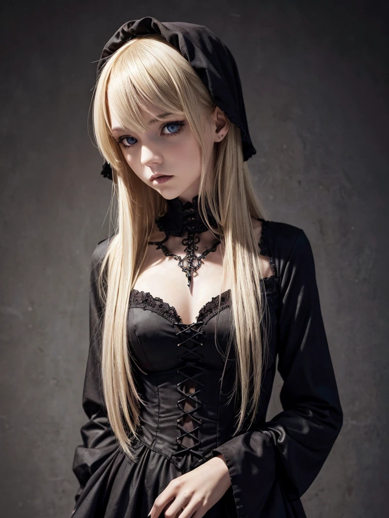 (best quality), 1girl, female, porcelain skin, blonde hair, straight hair, medium hair, swoopy tips, Flipped-up ends, brown eyes, perfect eyes, slender, , (gothic clothes), small bust, shy, masterpiece, anatomically correct, highres
