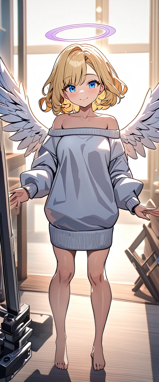 ((angel, big big white wings:1.3, halo:1.3)), sea, beach, (((spread arms))), (((full body))), ((flying)), archangel Uriel, ((wavy hair, outward curled hair)), evening, Sunset, ((blond hair, bob cut:1.3)), breasts, ager, (looking at viewer), oversized clothes, puffy long sleeves, collarbone, ((off-shoulder sweater:1.3, Quite thick shoulder straps)), ((white sweater)), collarbone, head tilt:1.3, (((blue eyes))), ((happy smile)), (((anime style))), (best quality, 4K, 8K, highres, masterpiece:1.2, ultra-detailed, ultra-detailed eyes, HDR, uhd, studio lighting, ultra-fine painting, sharp focus, physically-based rendering, extreme detail description, professional, vivid colors, bokeh)