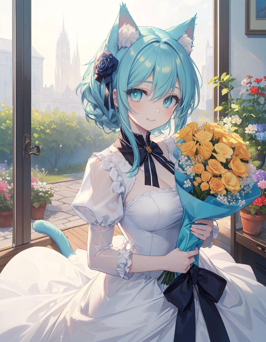 flower garden, smile, taking a flower bouquet, ((masterpiece, best quality:1.5)), ((Beautiful detailed cat aqua eyes:1.2)), cat ears, pale skin, medium breasts, beautiful hands, beautiful fingers, EasyNegative