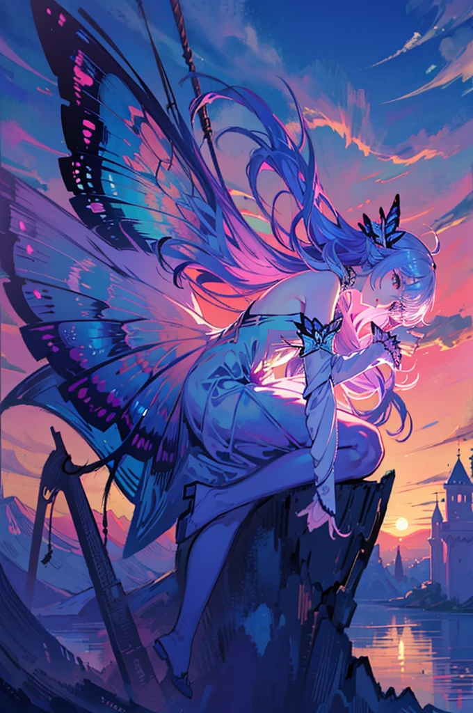anime, fairy, girl, butterfly, sunset, pink, sky, clouds, lost in a dreamy fairy landscape, fairy aesthetics, fairy atmosphere, beautiful fantasy art, magical fairy background, very magical and dreamy, very beautiful fantasy art, beautiful digital artwork, with beautiful wings, fantasy beautiful, fantasy art style, beautiful fairy, ethereal fantasy, magnificent background, beautiful fanta