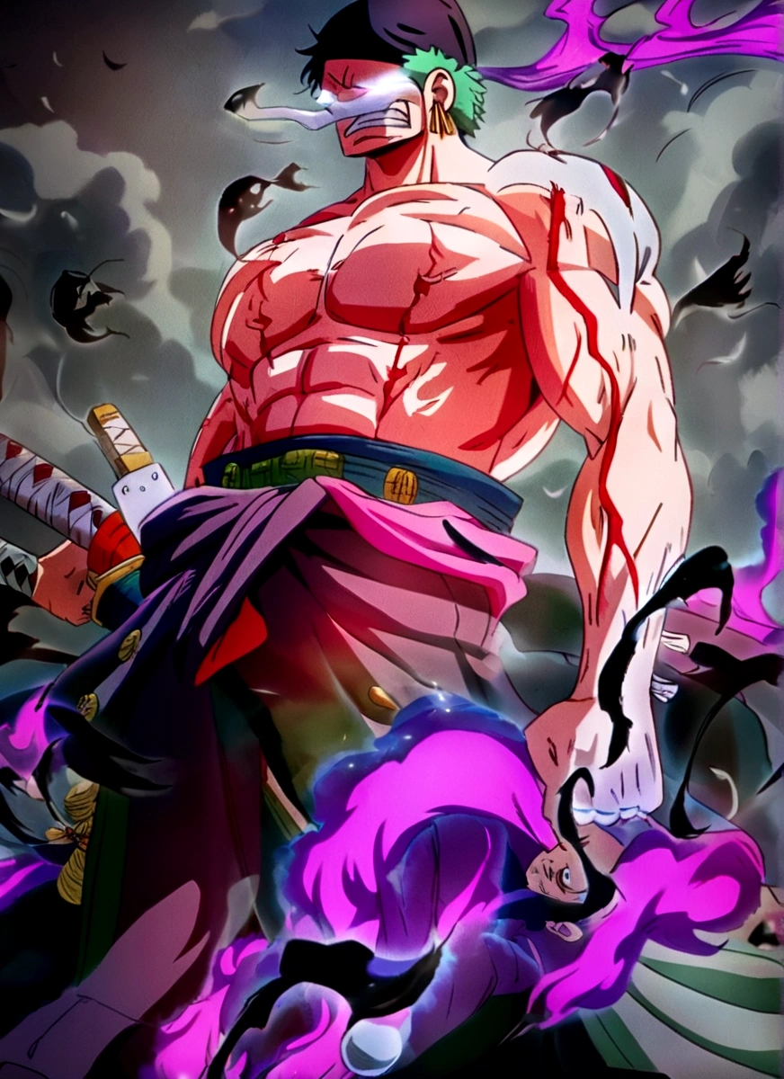 a close up of a person with a sword and a purple background, luffy gear 5, roronoa zoro, handsome guy in demon slayer art, beautiful male god of death, mobile wallpaper, badass anime 8 k, luffy (one piece, one piece artstyle, official art, kentaro miura manga art style, anime wallaper, demon slayer artstyle