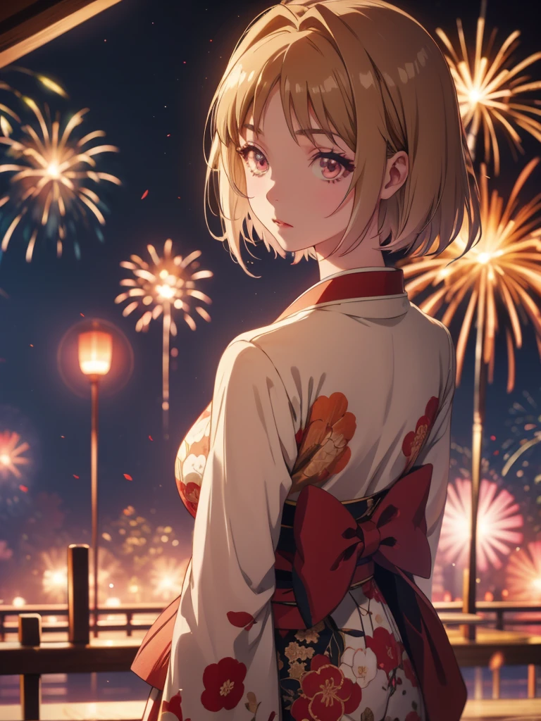 Kushida kikyou kimono in firework night , beige hair , crimson gradient eyes colour , short hair