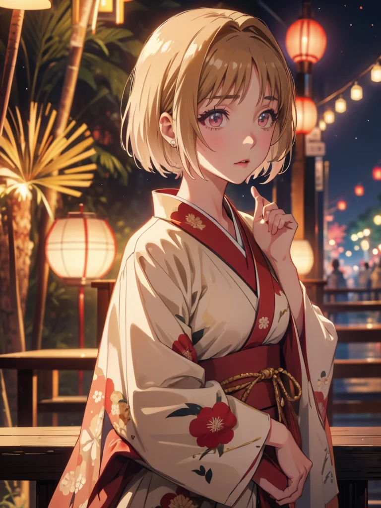 Kushida kikyou kimono in firework night , beige hair , crimson gradient eyes colour , short hair