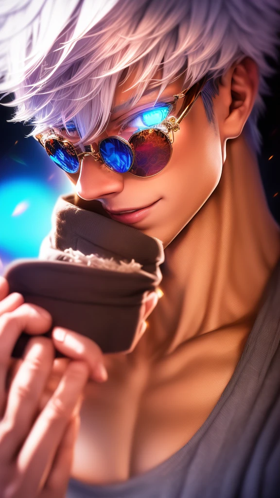masterpiece, wbest quality, (extremely detailed CG unity 8k wallpaper, masterpiece, best quality, ultra-detailed, Gojo Satoru, solo, strolling through a bustling market during a cultural festival, live-action style, vibrant festival atmosphere, casually waving to someone, looking at the screen with a friendly expression, rim light on white hair, glowing blue eyes, wearing traditional festival attire with vibrant patterns and colors, highest detail, best quality