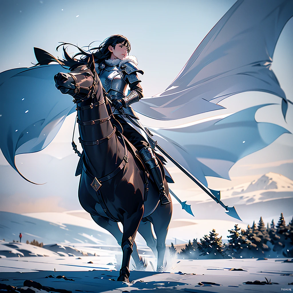 From afar, a great northern army from game of thrones, thousands of men, detailed soldiers in winter battle gear, massive banners flying in the wind, vast snow-covered plain, overcast winter sky, dramatic lighting, cinematic composition, highly detailed, epic fantasy,photorealistic,8k,best quality, water color style 