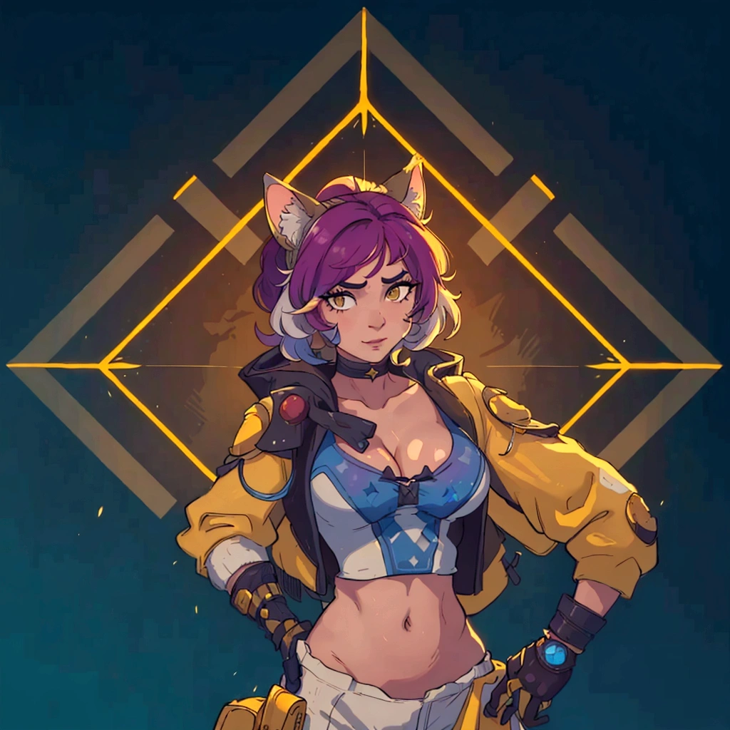 A closeup of a person in a cat costume, loba andrade, with one hand on the left head and the other on the right waist, The suit appears yellow, showing her and chest., the apex legends, Apex Legends character, al estilo the apex legends, inspired by Jules Chéret, apex legends portrait, valuing character, there is mystery, arcane faux pas portrait, as supervisory character, Starfinder Style, Official character art