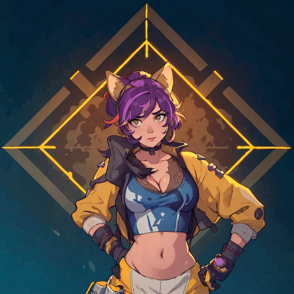 A closeup of a person in a cat costume, loba andrade, with one hand on the left head and the other on the right waist, The suit appears yellow, showing her cleavage and chest., the apex legends, Apex Legends character, al estilo the apex legends, inspired by Jules Chéret, apex legends portrait, valuing character, there is mystery, arcane faux pas portrait, as supervisory character, Starfinder Style, Official character art
