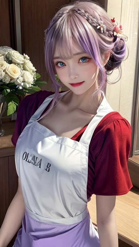 ((best quality, 8K, masterpiece)), ultra detailed, sharp focus, 1 cute girl, ((red polar apron:1.4)), (light purple hairr, updo:1.4), (blouse: .4), highly detailed face and skin texture, ((detailed eyes)), ((beautiful eyes:1.4)), (smile:1.15), (closed mouth), genshinnoelle, noelle, braid, flower, hair flower, hair ornament, short hair, silver hair, wears a open white and gold armor