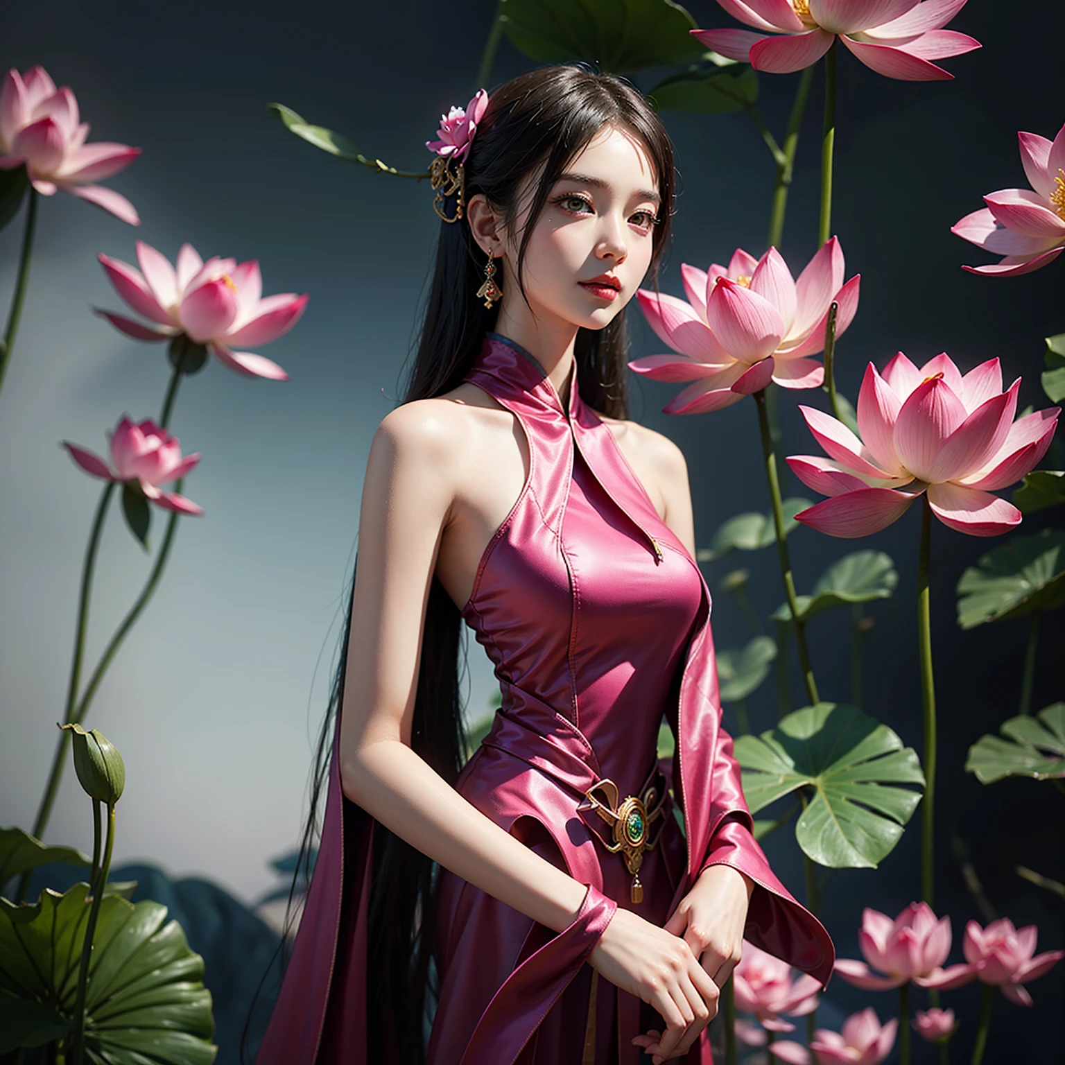 arafed woman in a pink dress standing in front of a pink flower, pink lotus queen, standing gracefully upon a lotus, beautiful digital artwork, ross tran 8 k, by Yu Zhiding, a beautiful fantasy empress, inspired by Yanjun Cheng, by Russell Dongjun Lu, chinese princess, palace , a girl in hanfu