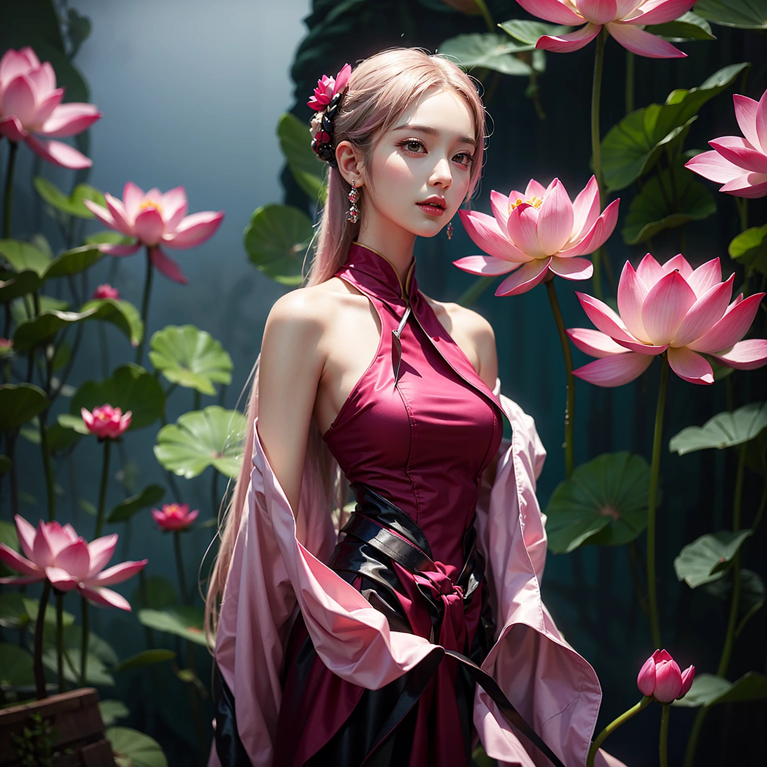 arafed woman in a pink dress standing in front of a pink flower, pink lotus queen, standing gracefully upon a lotus, beautiful digital artwork, ross tran 8 k, by Yu Zhiding, a beautiful fantasy empress, inspired by Yanjun Cheng, by Russell Dongjun Lu, chinese princess, palace , a girl in hanfu