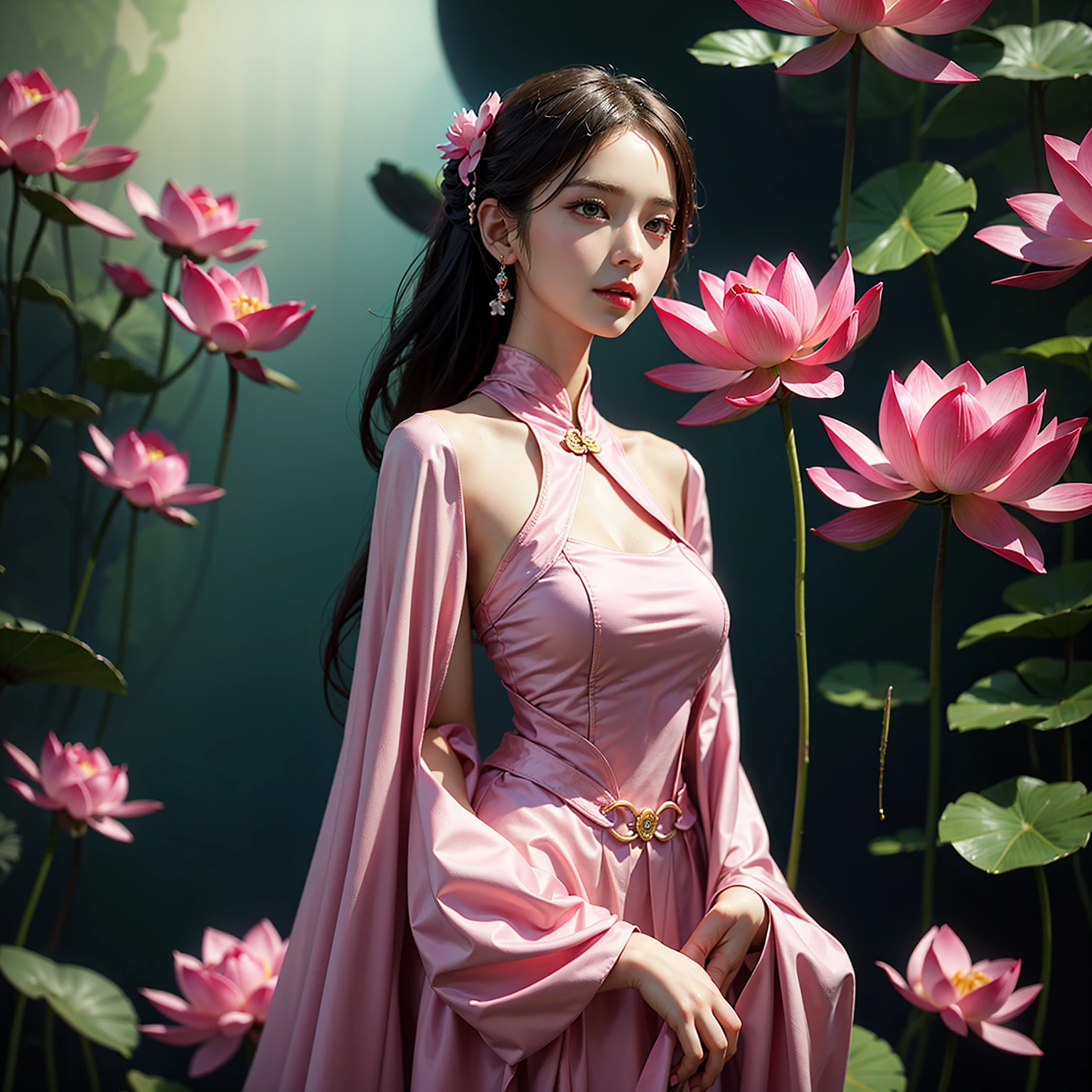 arafed woman in a pink dress standing in front of a pink flower, pink lotus queen, standing gracefully upon a lotus, beautiful digital artwork, ross tran 8 k, by Yu Zhiding, a beautiful fantasy empress, inspired by Yanjun Cheng, by Russell Dongjun Lu, chinese princess, palace , a girl in hanfu