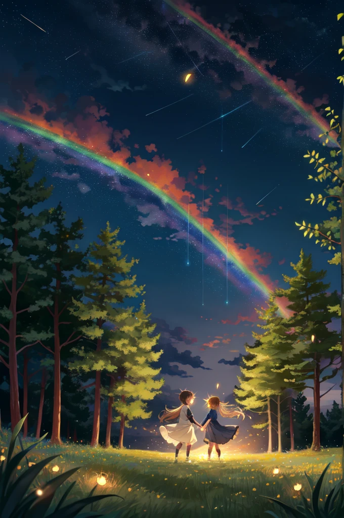 Night, night sky, meadow, surrounded by fireflies, surrounded by small light balls, circled by small light balls, Cheerful smile, holding out hands to catch fireflies, holding out hands to catch light balls, illuminate by small light balls, rainbow colored small light balls, tornado of fireflies