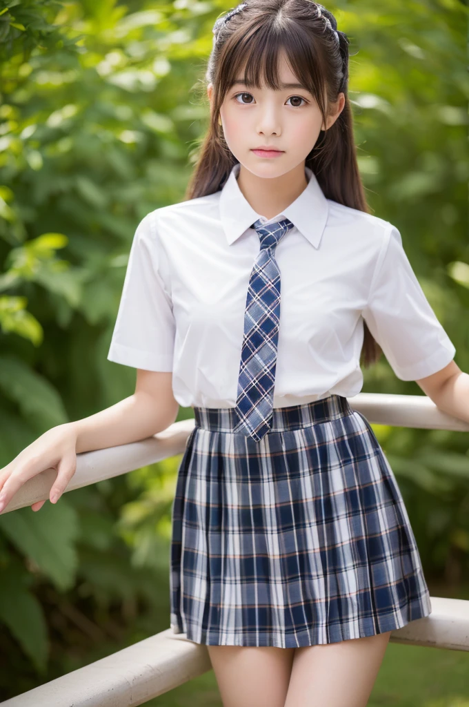 ((highest quality, 8K, masterpiece :1.3)), Photorealistic、Ultra-high resolution、Natural skin texture、Hyperrealism、Photograph from the knee up、12 year old beautiful Japanese girl、White collared shirt and tie、Checkered mini skirt、Serious expression