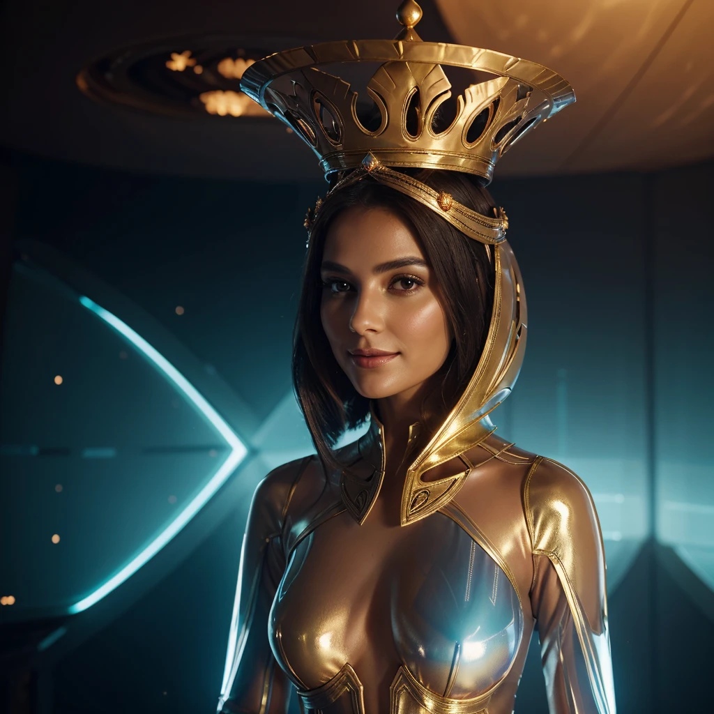 Woman in an elegant headdress, resembling a crown.
full height, with smooth and feminine shapes.
A face with a mysterious smile, glowing lines on the skin.
Translucent suit with metallic inserts, form-fitting and flattering.
Background: space landscape or the inside of a spaceship.
 confident look.