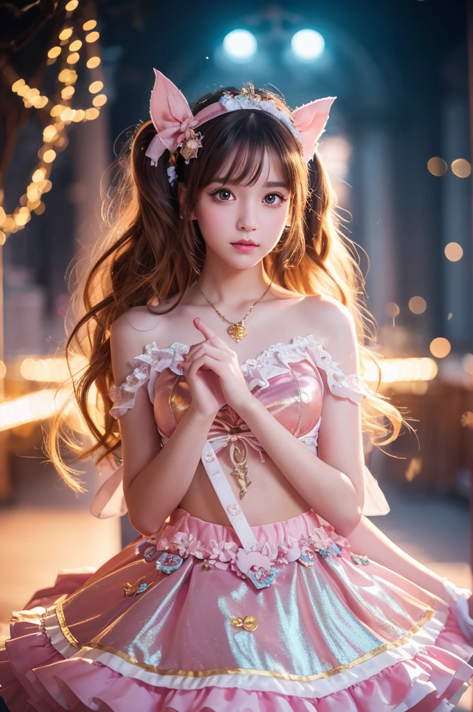 a cute girl in a magical girl costume, beautiful detailed eyes, beautiful detailed lips, extremely detailed eyes and face, long eyelashes, small cute nose, body, flawless skin, graceful posing, sensual expression, intricate magical girl outfit with bows, ribbons and frills, flowing skirt, shiny metallic accents, glowing magical effects, dramatic lighting, pastel color palette, vibrant colors, soft lighting, cinematic composition, photorealistic, 8k, best quality, high resolution, masterpiece