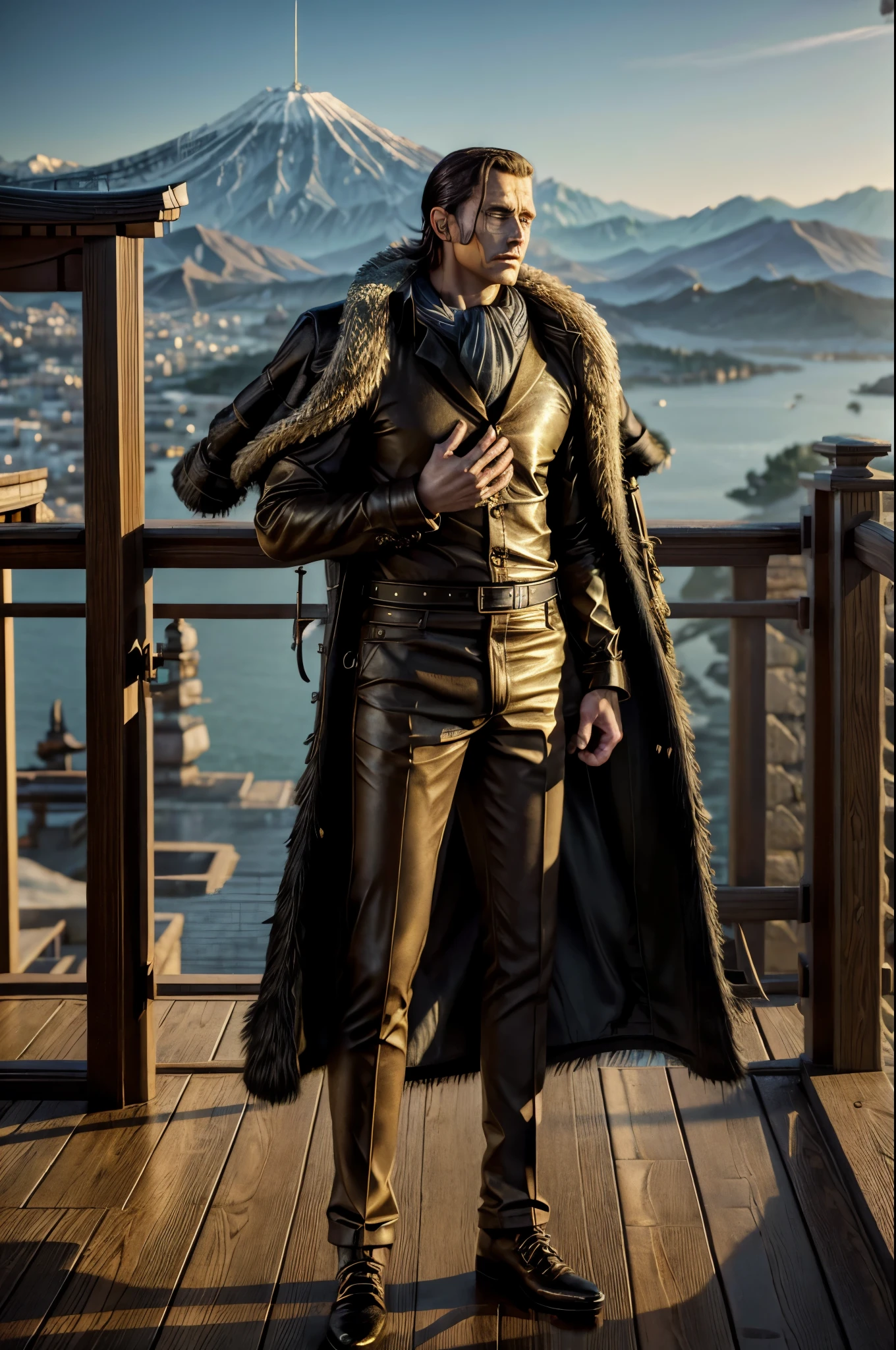 masterpiece, best quality, extremely detailed, hyperrealistic, photorealistic, a cool 40s man, ultra detailed face:1.2, fur-trimmed coat, scarf around the neck, his left hand is a golden pirate hook:1.1, the view from high-rise temple, japanese style garden:1.2, tree, serene, dynamic pose, landscape