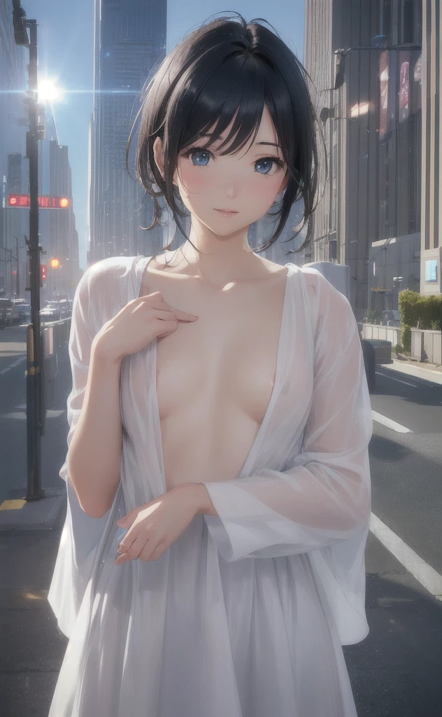 (,Street lamp,moon),masterpiece, One woman, Solo Exhibitions, Beautiful woman with small breasts,Beautiful Goddess Portrait, Beautiful and elaborate face, Porcelain-like skin, (((Full Shot,center, night, Black Hair, short hair)), Very soft lighting, Symmetric, complicated, grace, Attention to detail, realism, art, concept art,White clothes,Completely naked