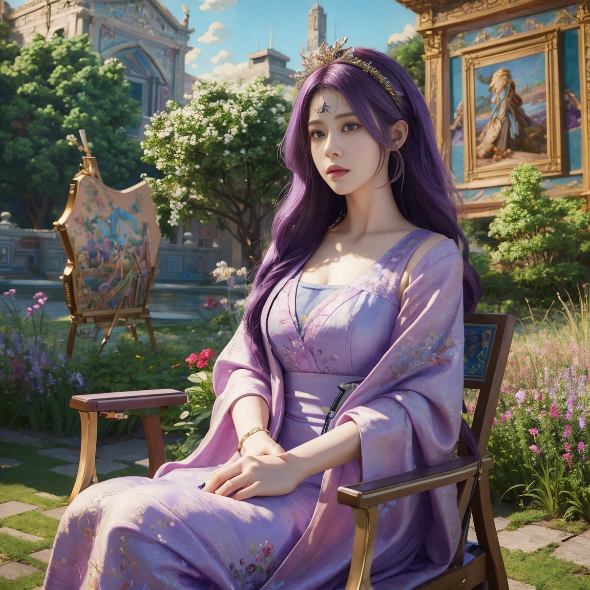 A woman, Purple Hair, Wearing a purple dress, Game CG, Atjem ; realistic engine, Stunning character art, 2. 5D CGI anime fantasy artwork, Super detailed fantasy characters, Inspired by Tian Qiong, Epic and beautiful character art, Smooth anime CG art, Beautiful character painting, Beautiful digital artwork, Looking at the audience, sit, Garden Background, (masterpiece, best quality:1.9), Perfect lighting, Realistic characters, 8k wallpaper, 