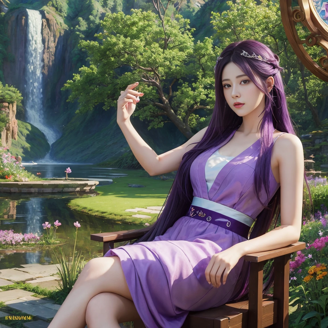 A woman, Purple Hair, Wearing a purple dress, Game CG, Atjem ; realistic engine, Stunning character art, 2. 5D CGI anime fantasy artwork, Super detailed fantasy characters, Inspired by Tian Qiong, Epic and beautiful character art, Smooth anime CG art, Beautiful character painting, Beautiful digital artwork, Looking at the audience, sit, Garden Background, (masterpiece, best quality:1.9), Perfect lighting, Realistic characters, 8k wallpaper,