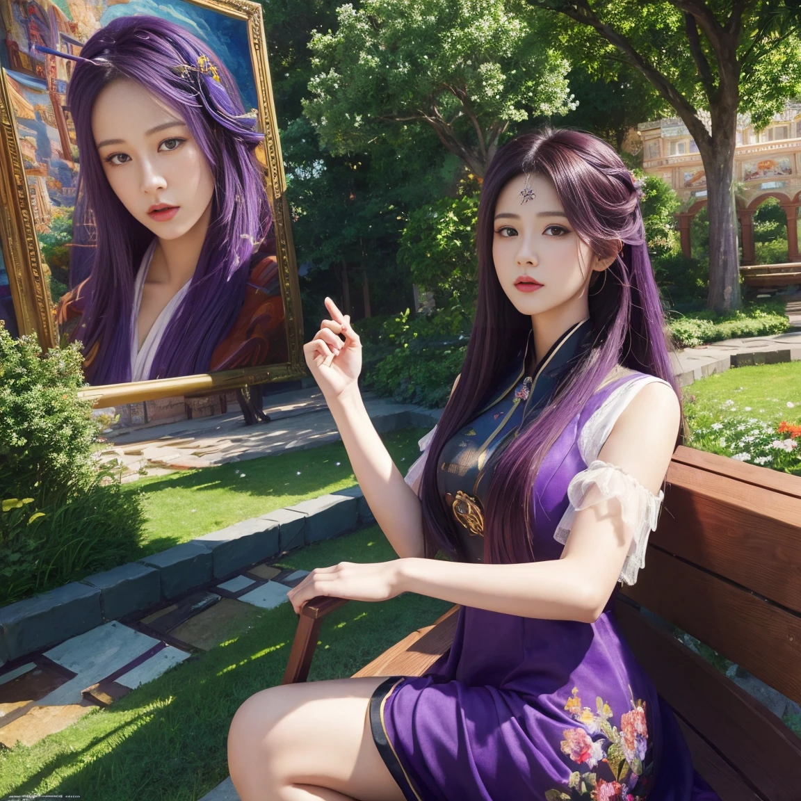 A woman, Purple Hair, Wearing a purple dress, Game CG, Atjem ; realistic engine, Stunning character art, 2. 5D CGI anime fantasy artwork, Super detailed fantasy characters, Inspired by Tian Qiong, Epic and beautiful character art, Smooth anime CG art, Beautiful character painting, Beautiful digital artwork, Looking at the audience, sit, Garden Background, (masterpiece, best quality:1.9), Perfect lighting, Realistic characters, 8k wallpaper, 