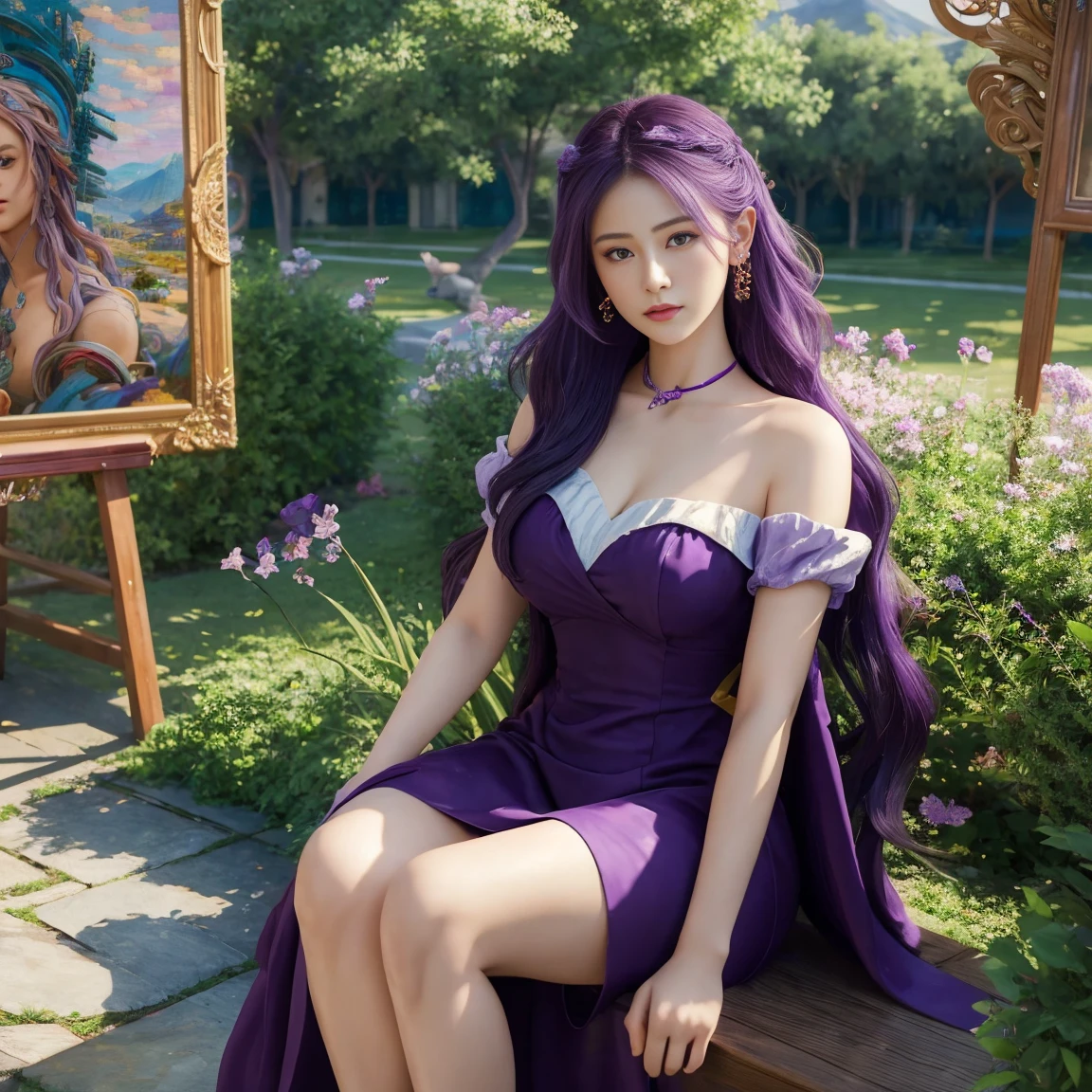 A woman, Purple Hair, Wearing a purple dress, Game CG, Atjem ; realistic engine, Stunning character art, 2. 5D CGI anime fantasy artwork, Super detailed fantasy characters, Inspired by Tian Qiong, Epic and beautiful character art, Smooth anime CG art, Beautiful character painting, Beautiful digital artwork, Looking at the audience, sit, Garden Background, (masterpiece, best quality:1.9), Perfect lighting, Realistic characters, 8k wallpaper,