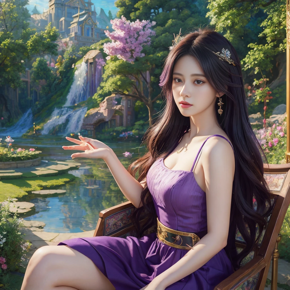 A woman, Purple Hair, Wearing a purple dress, Game CG, Atjem ; realistic engine, Stunning character art, 2. 5D CGI anime fantasy artwork, Super detailed fantasy characters, Inspired by Tian Qiong, Epic and beautiful character art, Smooth anime CG art, Beautiful character painting, Beautiful digital artwork, Looking at the audience, sit, Garden Background, (masterpiece, best quality:1.9), Perfect lighting, Realistic characters, 8k wallpaper,