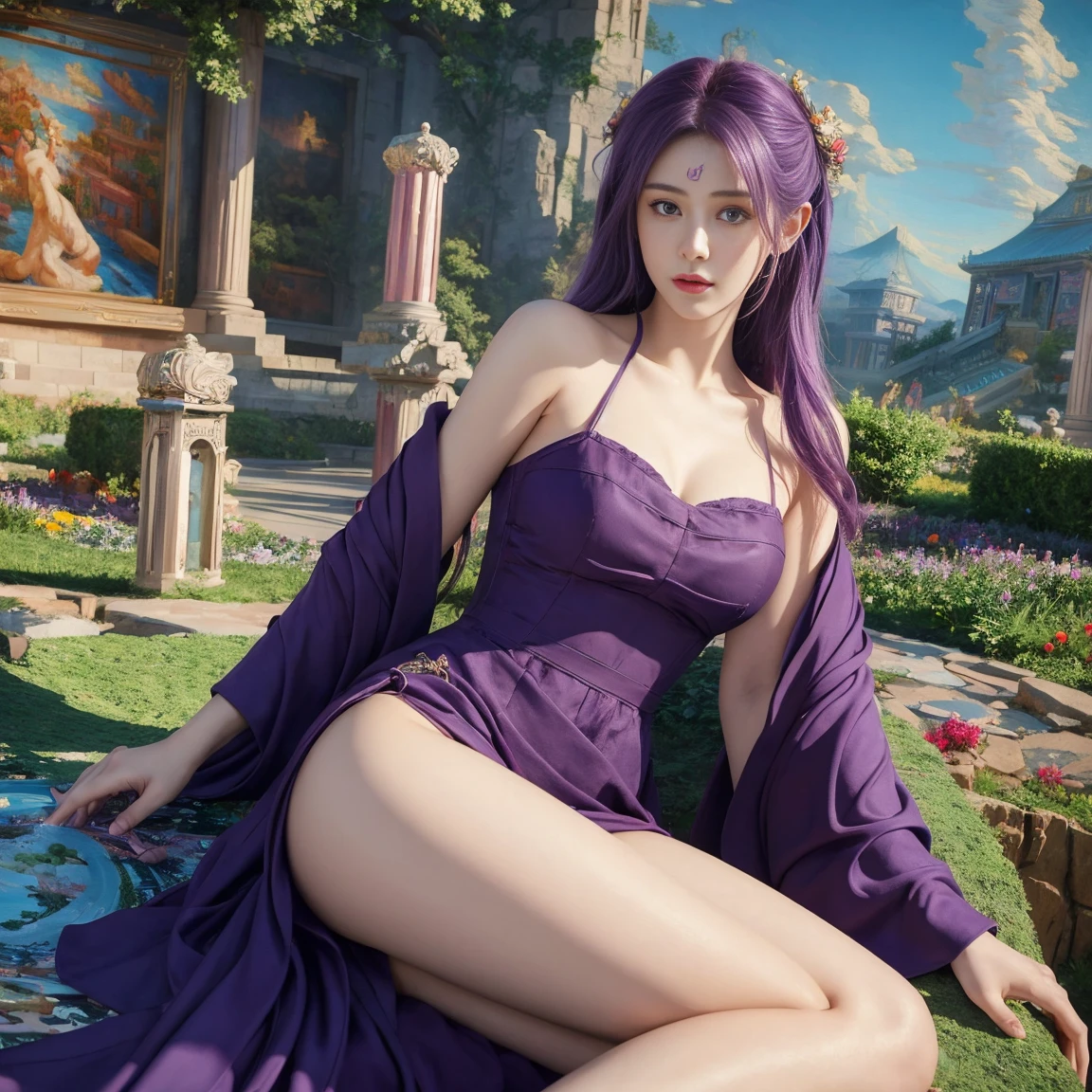 A woman, Purple Hair, Wearing a purple dress, Game CG, Atjem ; realistic engine, Stunning character art, 2. 5D CGI anime fantasy artwork, Super detailed fantasy characters, Inspired by Tian Qiong, Epic and beautiful character art, Smooth anime CG art, Beautiful character painting, Beautiful digital artwork, Looking at the audience, sit, Garden Background, (masterpiece, best quality:1.9), Perfect lighting, Realistic characters, 8k wallpaper,