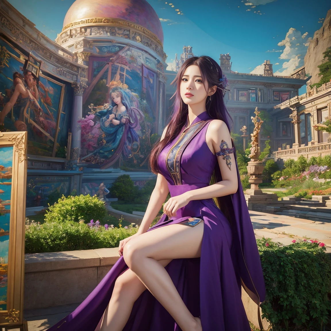 A woman, Purple Hair, Wearing a purple dress, Game CG, Atjem ; realistic engine, Stunning character art, 2. 5D CGI anime fantasy artwork, Super detailed fantasy characters, Inspired by Tian Qiong, Epic and beautiful character art, Smooth anime CG art, Beautiful character painting, Beautiful digital artwork, Looking at the audience, sit, Garden Background, (masterpiece, best quality:1.9), Perfect lighting, Realistic characters, 8k wallpaper,
