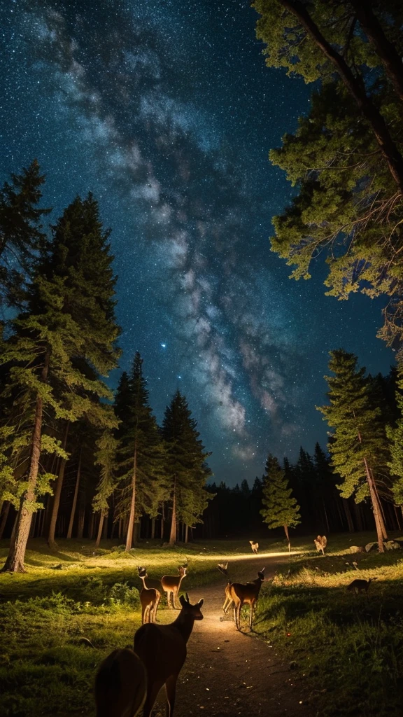 Forest bathing with deers and birds and paths. The sky is space and night.