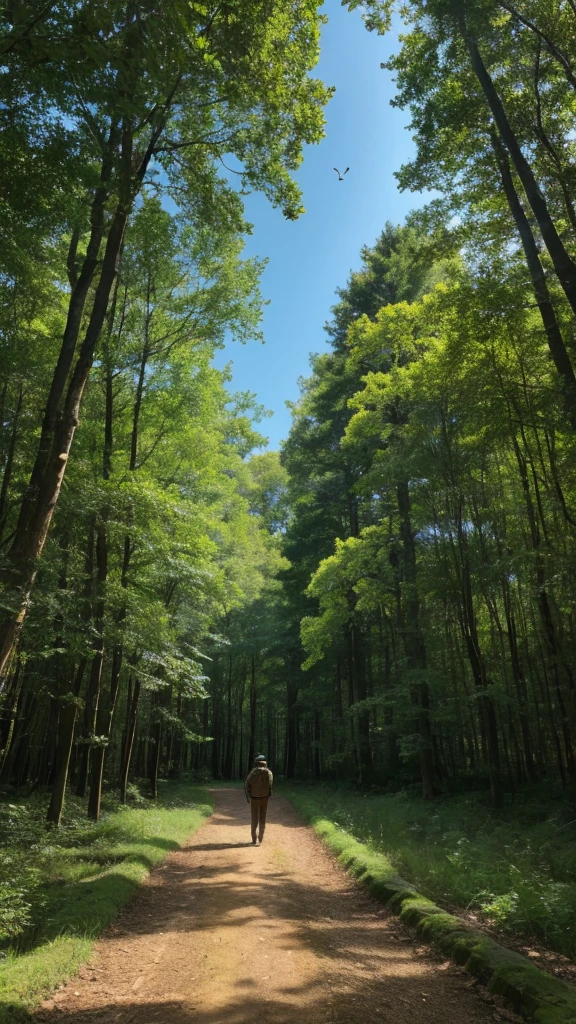 Forest bathing with deers and birds and paths. The sky is space and night.