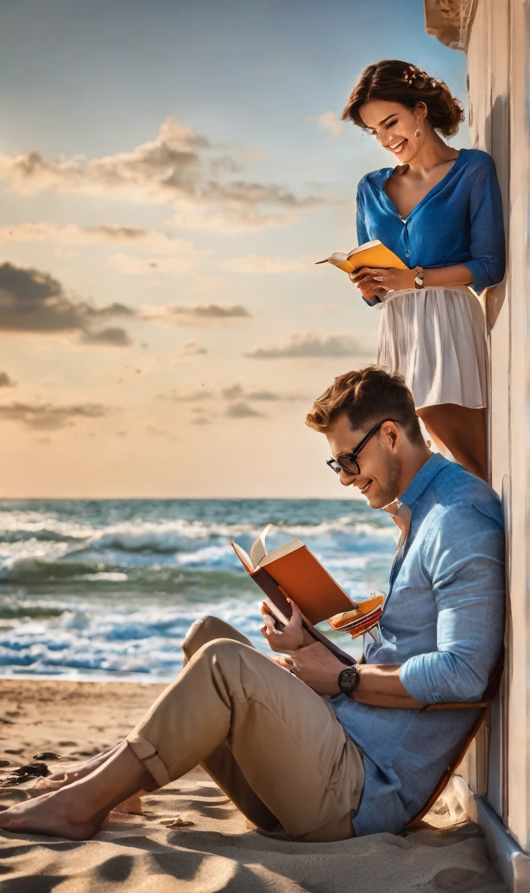 Beautiful couple on the beach, with books and drinks