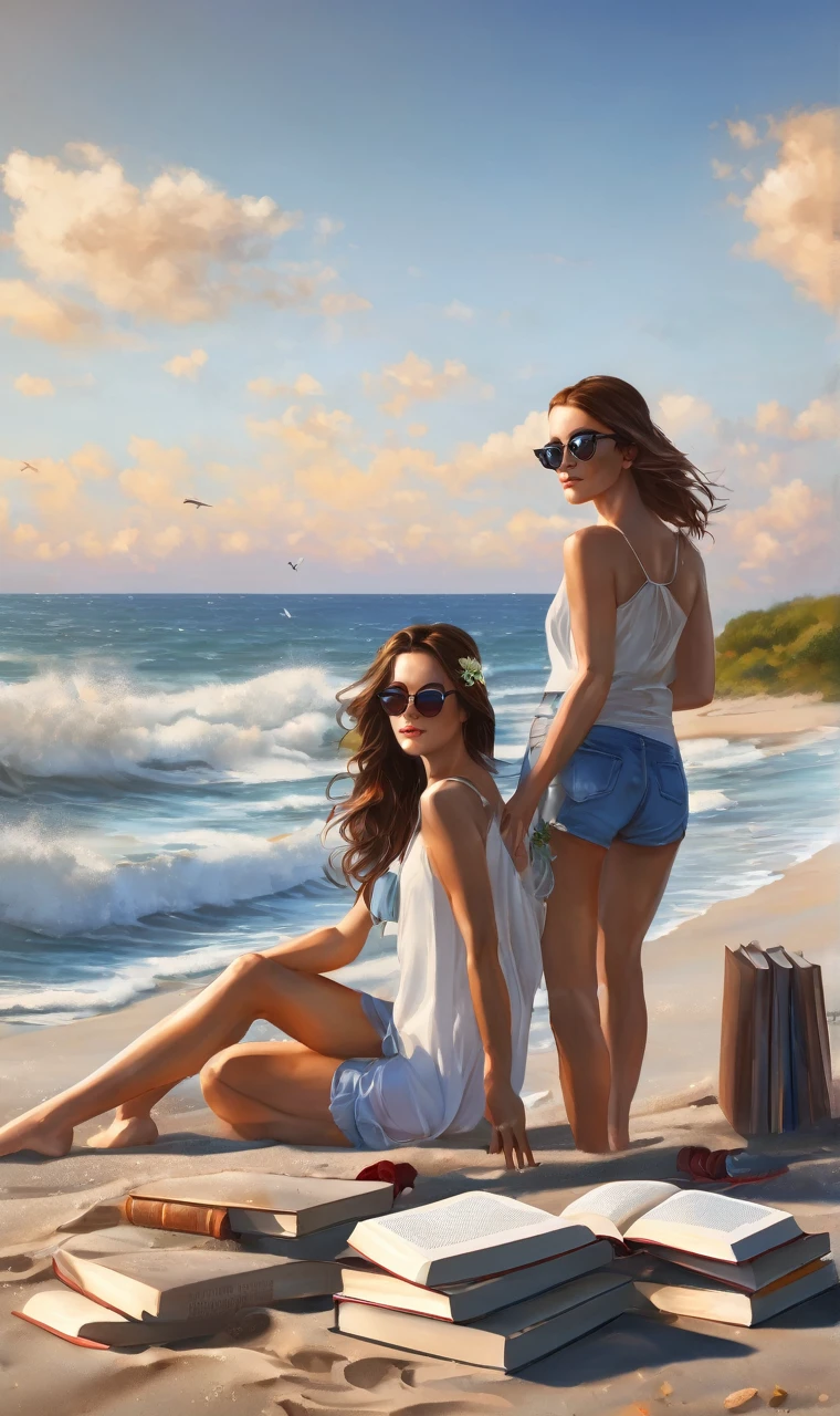 Beautiful couple on the beach, with books and drinks