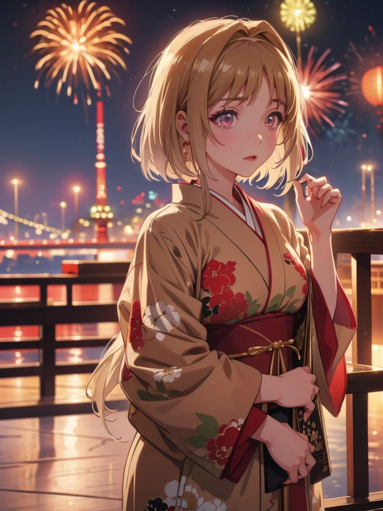 Kushida kikyou kimono in firework night , beige hair , crimson gradient eyes colour , long hair