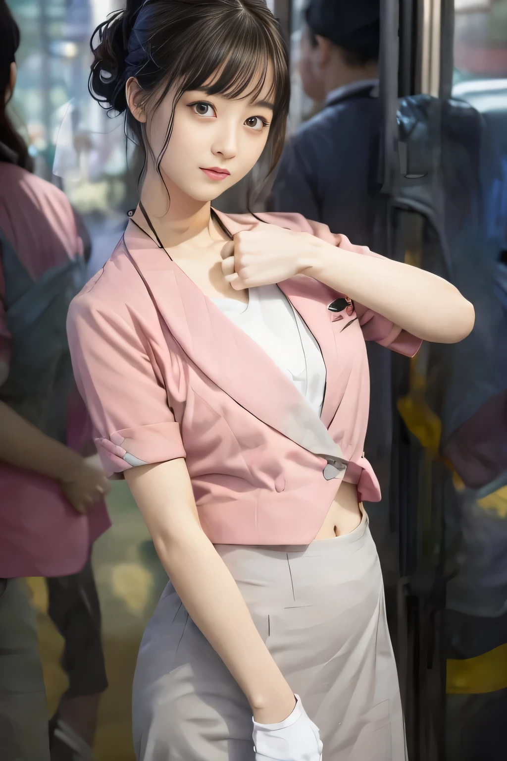 Showing your belly button、(masterpiece:1.2, Highest quality:1.2), 32k HDR, High resolution, (alone、1 Girl)、 (height: 160cm)、(On the roof of a building in the daytime、Professional Lighting)、Building rooftop background、(Nankai train crew uniform pinkを着たリアルスタイル)、(Nankai Railway crew uniform, pink, short sleeve, collarless, pink jacket、Nankai Railway crew uniform pink no-collar short-sleeve blouse、Nankai Railway crew uniform, pink grey, knee-length culottes)、(A pink jacket peeks out from under the culottes.)、Dark brown hair、(Hair tied up、Hair tied up、Evening curly hairstyles)、Dark brown hair、Long Shot、Big Breasts、Thin legs、((Great hands:2.0)),((Harmonious body proportions:1.5)),((Normal limbs:2.0)),((Normal finger:2.0)),((Delicate eyes:2.0)),((Normal eyes:2.0)))、smile、(Nankai Railway crew uniform, pink grey, knee-length culottesを見せた美しい歩く姿)、Place your hands around your stomach