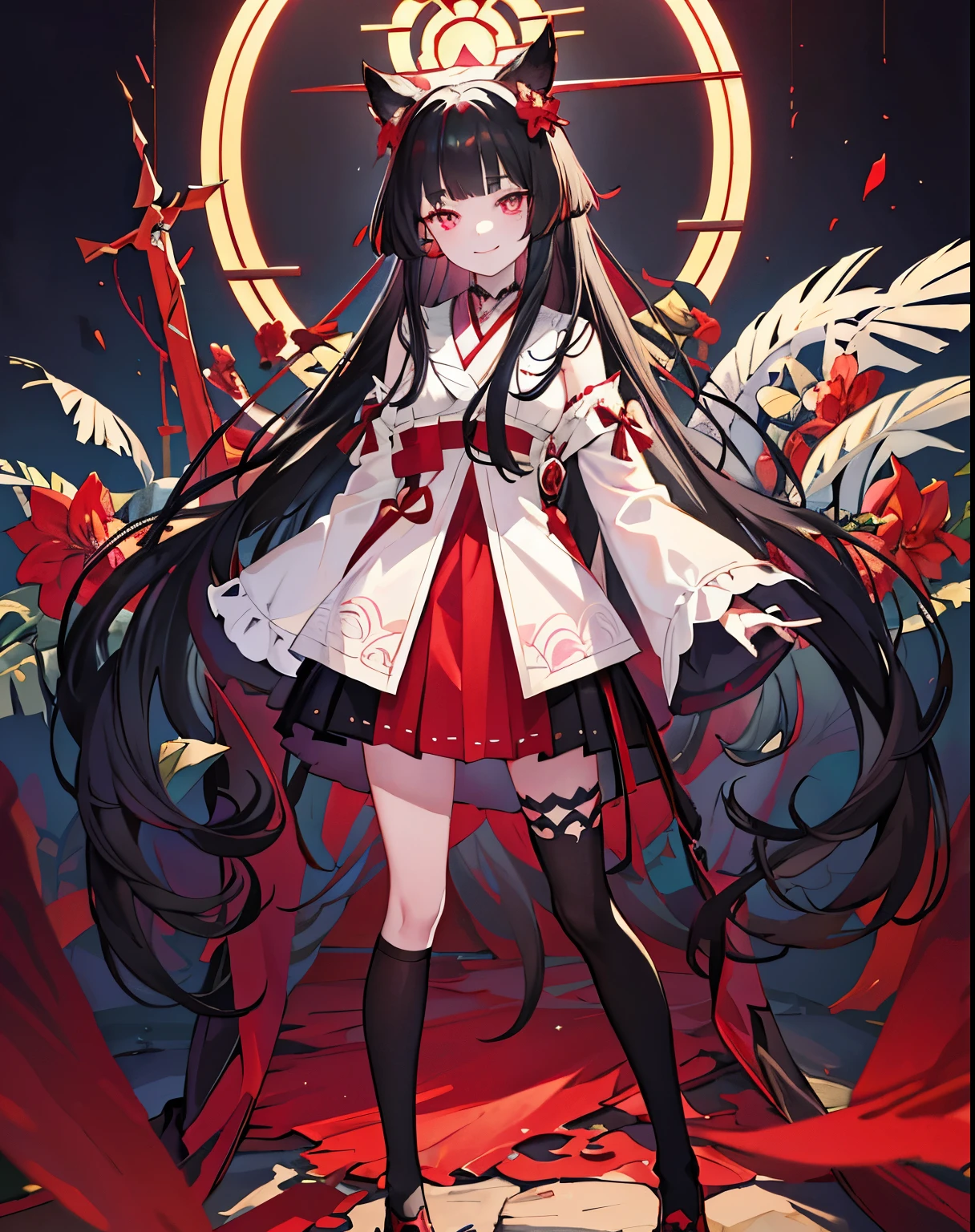 [(Detailed Background:1.4)::5],original,(figure:1.1),(Highest quality),(Tabletop:1.1),(Highly detailed CG Unity 8k wallpaper:1.1), (colorful:0.9),(Mid Shot:0.95),(very detailed beautiful whole body),Ear covering accessories、Standing in the Wilderness, (girl),(((Adult))), (Beautiful eyes in every detail:1.15), (Beautiful Face:1.15), (Glowing red eyes:1.25////),(Black Hair),Pale skin，Pink Eyes，Red Bow，Amaryllis，((Wicked Smile))，crystal earrings in the ears，raven feather skirt,whole body,Wearing shrine maiden clothes and knee socks,((Long black hair)),Long black hair,