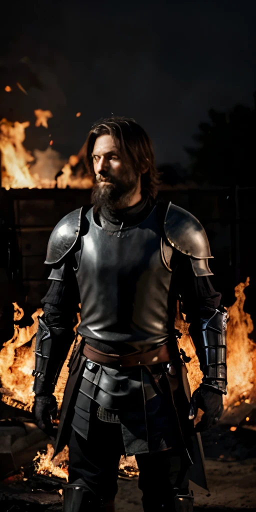 Male Knight with black short hair and short beard in black armor surrounded by fire, photo from a distance 