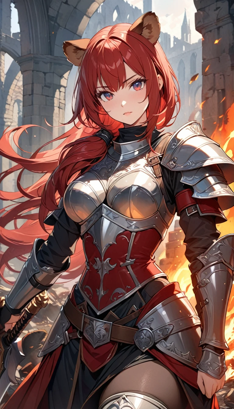 ((best quality)), ((masterpiece)), (detailed), perfect face, Highly detailed face, detailed eyes, (looking at viewer:1.2), (red hair), bangs, ((hair over shoulder)), floating hair, raccoon ears, The armor worn by medieval Western knights, the shiny design, the toned waist, the fantasy novels, the powerful gaze, ((she holds a long, huge sword that shines red)), fantasy art, bloody armor, burning ruins