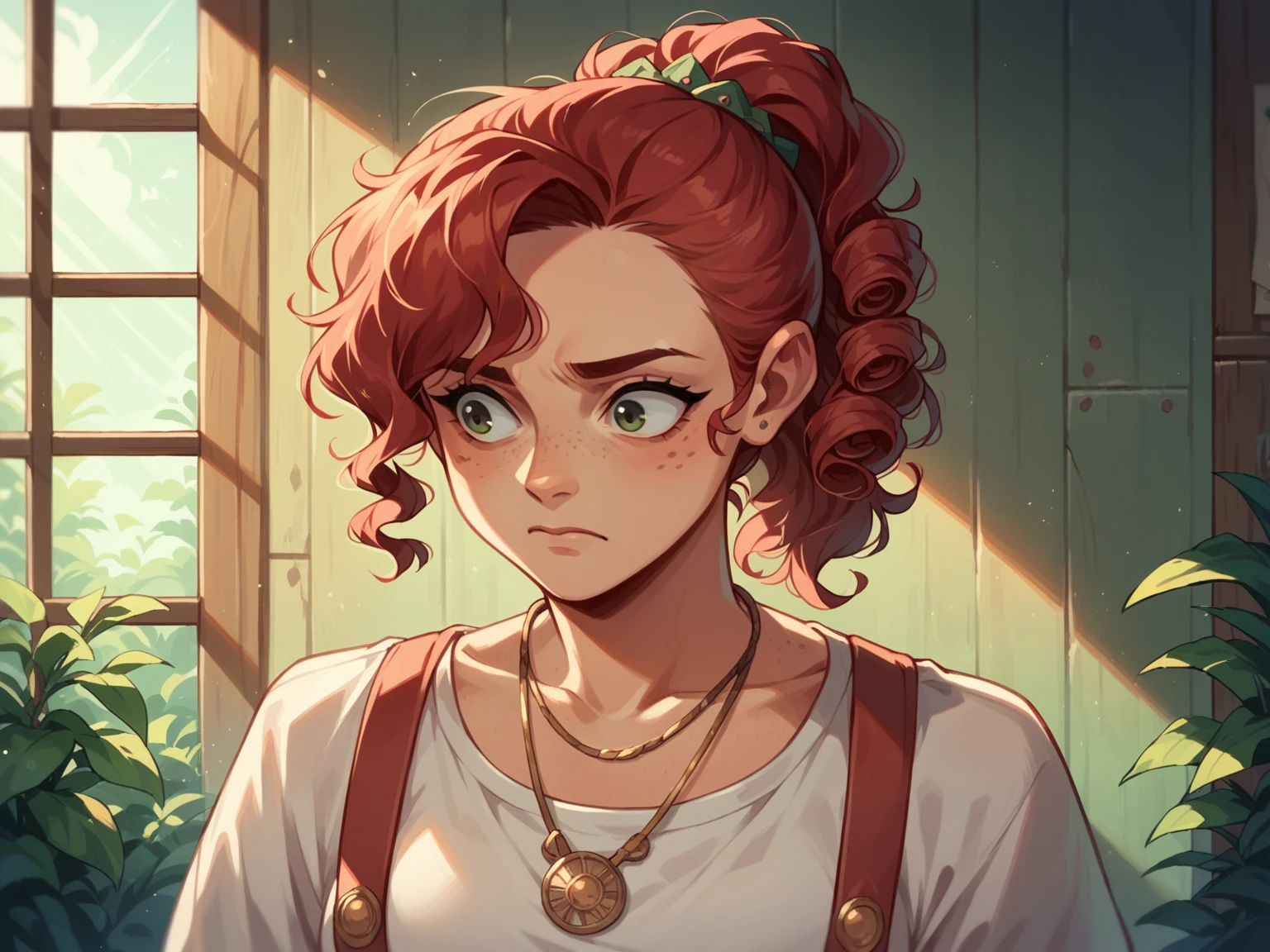 (masterpiece, best quality), 1 Girl, clavicle, curls, Looking at the audience, Vague, Upper Body, necklace, Suspenders, Floral, Ponytail, freckle, Red hair, Sunlight,