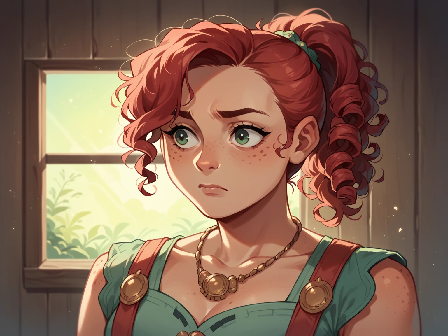 (masterpiece, best quality), 1 Girl, clavicle, curls, Looking at the audience, Vague, Upper Body, necklace, Suspenders, Floral, Ponytail, freckle, Red hair, Sunlight,