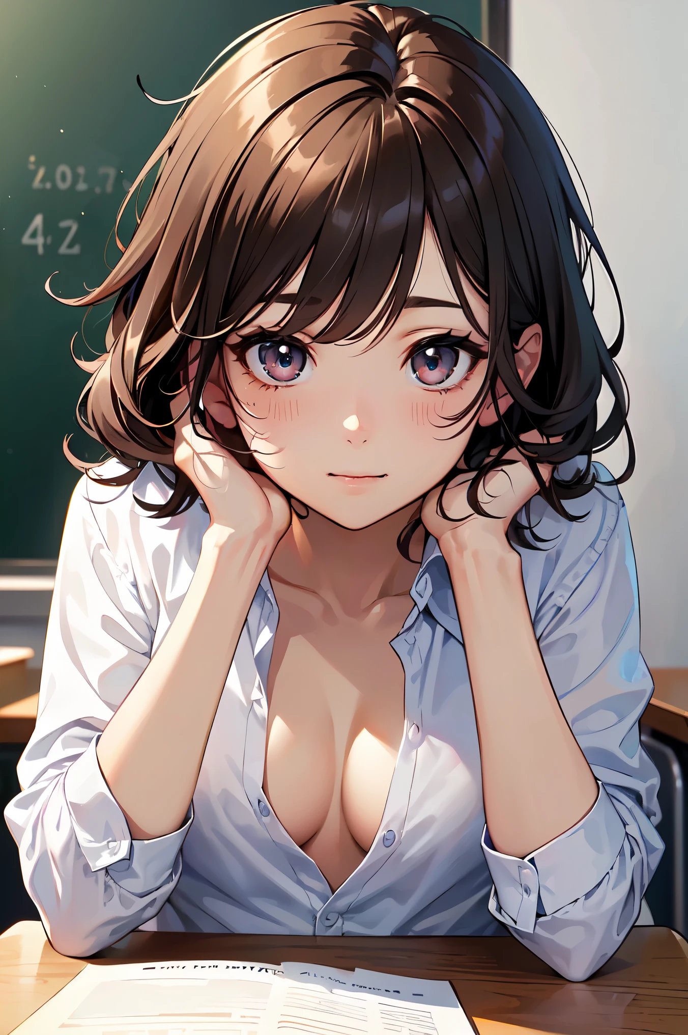 ((Tabletop, Highest quality, High resolution, Hmph, Pixel perfect, 4K, Hmph, Hmph))), One Girl, single, alone, Beauty、The whole body is visible、 ((Short Wavy Hair, bangs, Brown Hair)), ((Brown eyes, Beautiful eyelashes, Realistic eyes)), ((Detailed face, Blushing:1.2)), ((Smooth texture:0.75, Realistic texture:0.65, Realistic:1.1, Anime CG Style)), Medium chest, Dynamic Angle, Perfect body, ((White shirt, Unbuttoned shirt、I'm not wearing shoes、White Sox)), An empty classroom、Sit at a desk、Lower'I took my feet off the desk.........................................................、evening、、、Very embarrassing panic smile、(Spread your legs、Knees wide open、Floral lace panties)、、(Pink lace bra)、Angle from below