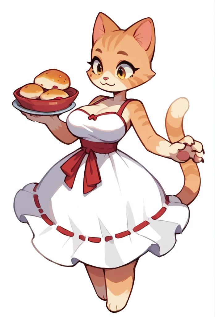 The Q version of the cute furry cat, anthro, female cat, big breasts, big hips, female body, woman, female, dress, paws, beans, white background