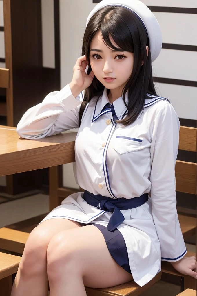 Arab-asian woman in sailor's uniform sitting at table, wearing japanese school uniform, of a posing, japanese girl , Cute , Japan , Young Pretty Gravure Idol, Young Gravure Idol, Realistic Young Gravure Idol, Young skinny gravure idol, Young Sensual Gravure Idol, a hyperrealistic , Sailor Uniform