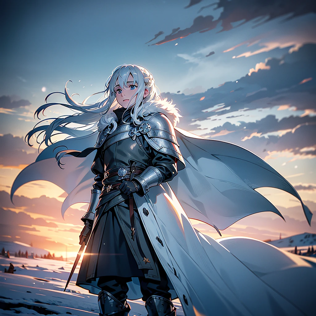 From afar, a great northern army from game of thrones, thousands of men, detailed soldiers in winter battle gear, massive banners flying in the wind, vast snow-covered plain, lining up for battle, overcast winter sky, dramatic lighting, cinematic composition, highly detailed, epic fantasy,photorealistic,8k,best quality, water color style 
