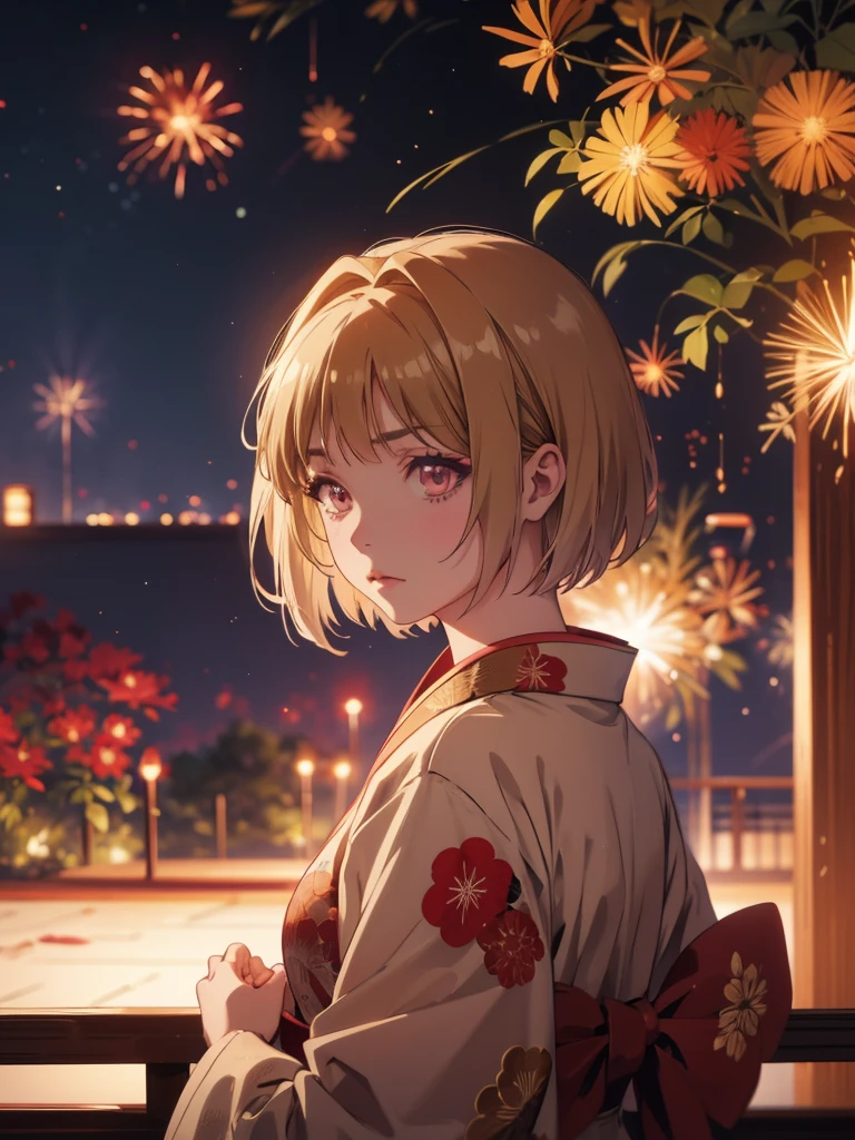 Kushida kikyou kimono in firework night , beige hair , crimson gradient eyes colour , short hair, evil face angry