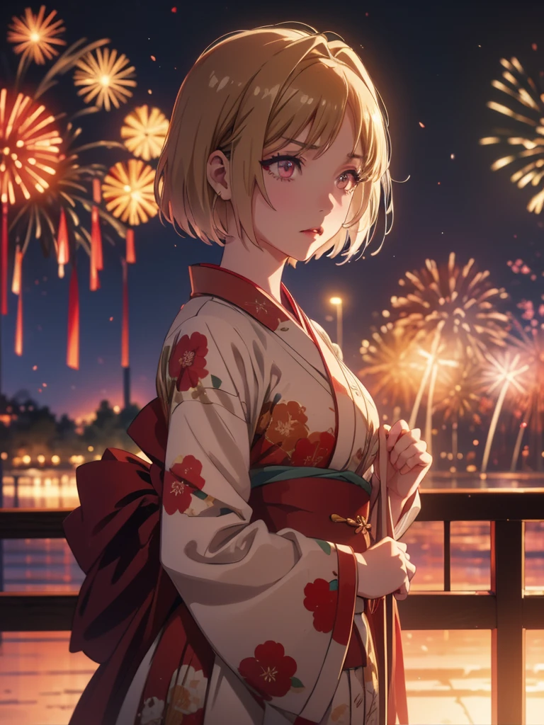 Kushida kikyou kimono in firework night , beige hair , crimson gradient eyes colour , short hair, evil face angry