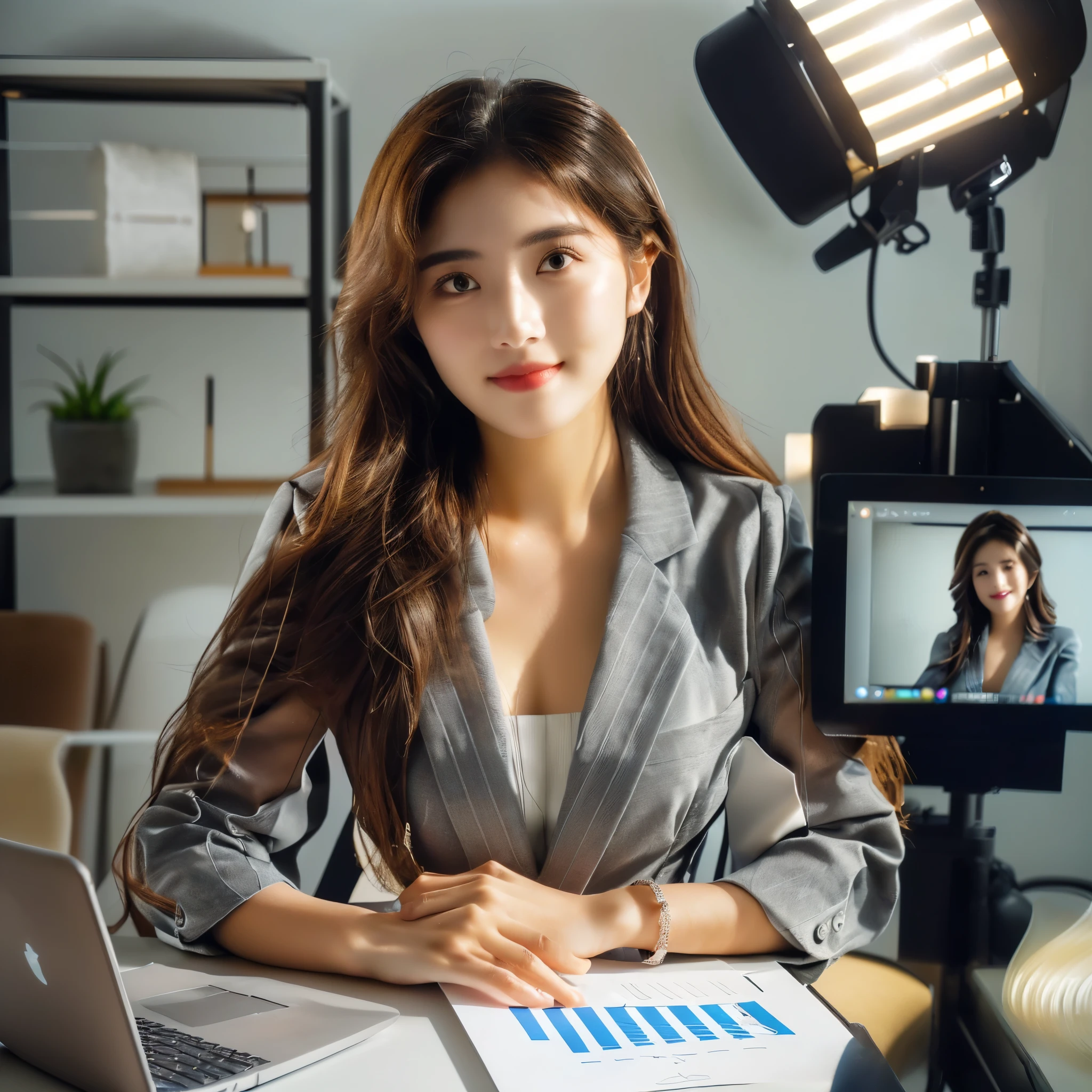 arafed woman sitting at a desk with a laptop and a camera, well lit professional photo, professional profile picture, professional image, marketing photo, professional picture, professional photoshoot, professional comercial vibe, portrait shot, photoshoot for skincare brand, studio shot, professional headshot, amazing professional picture, professional profile photo, professional lightimg, professional shoot, professional modeling