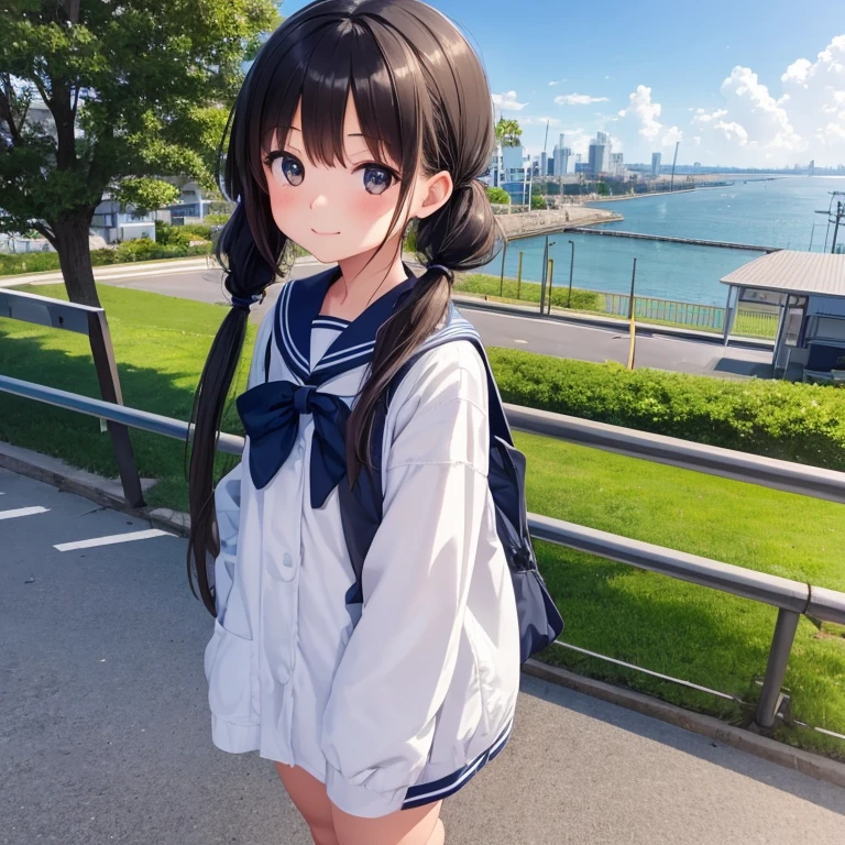 1girl, standing, head tilt,
sea in the distance, (downhill, sloped road), wide single road to the back in Japan, port city, distant urban cityscape,
gentle smile, ,
(brown eye),
(low twintails girl), low pigtails, black hair, very long hair,
navy blue sailor uniform with blue ribbon, long sleeves,
1 school bag on right shoulder,
city area, stylish, urban,
electric pole, white line on the road, tree on side, white residences on side,
gantry crane, nice views, afternoon, spring,
from front, from a little above,
anime, high brightness, detailed face, detailed eyes,
high quality, ultra detailed, masterpiece, FHD
