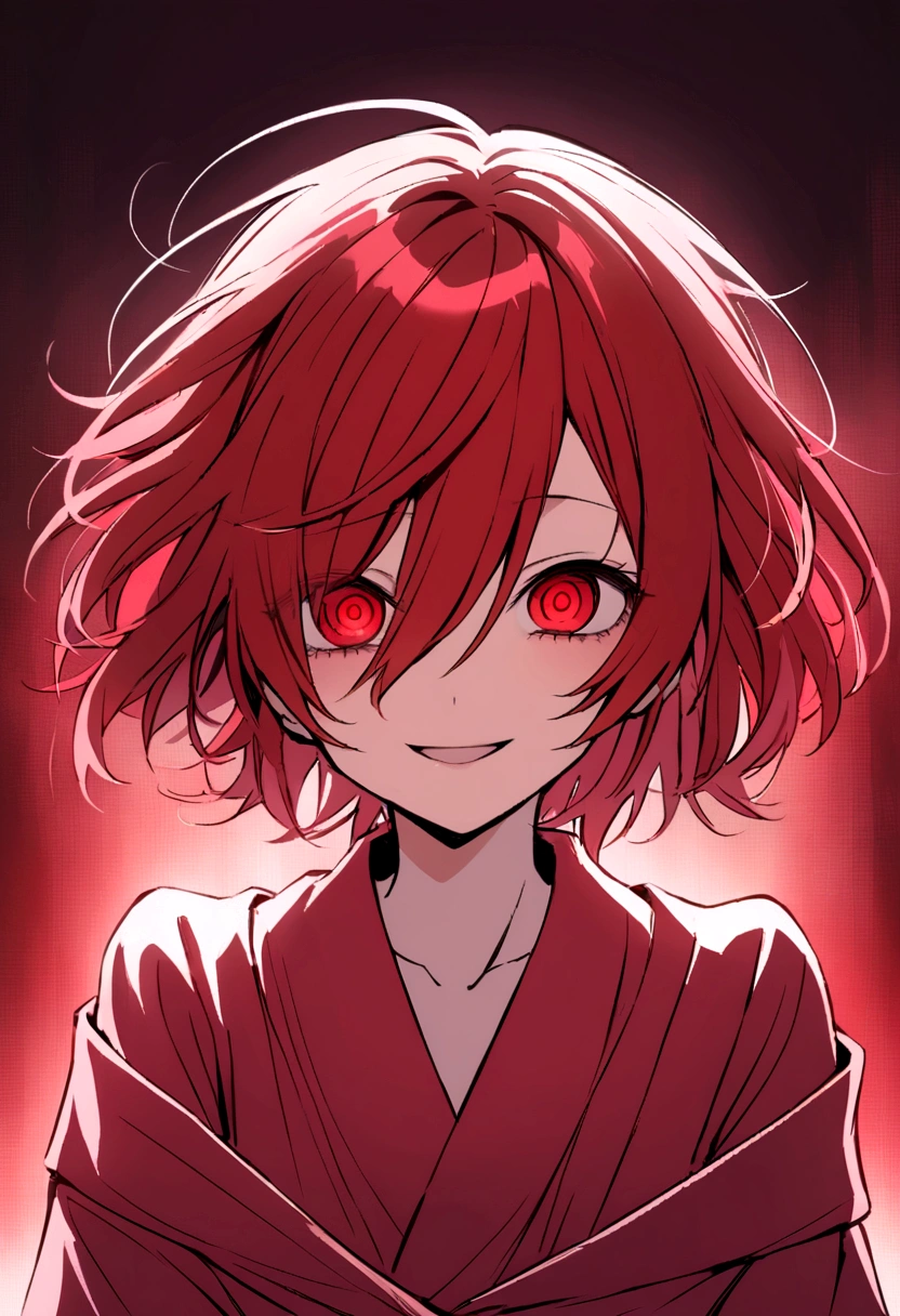 Crazy red eyes laughing Yandere Crazy anime girl. Looking. Short hair. Red hair.